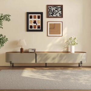 Brown Faux Leather TV Stand with 3 Drawers & Steel Legs