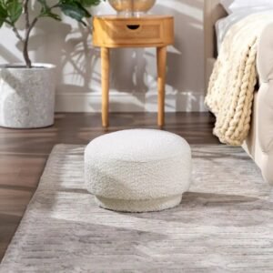Ivory White / Ebony Black Boucle Round Mushroom Footstool Ottoman, Single Seat